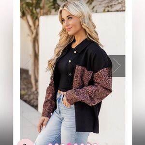 12 tribe black and cheetah denim jacket